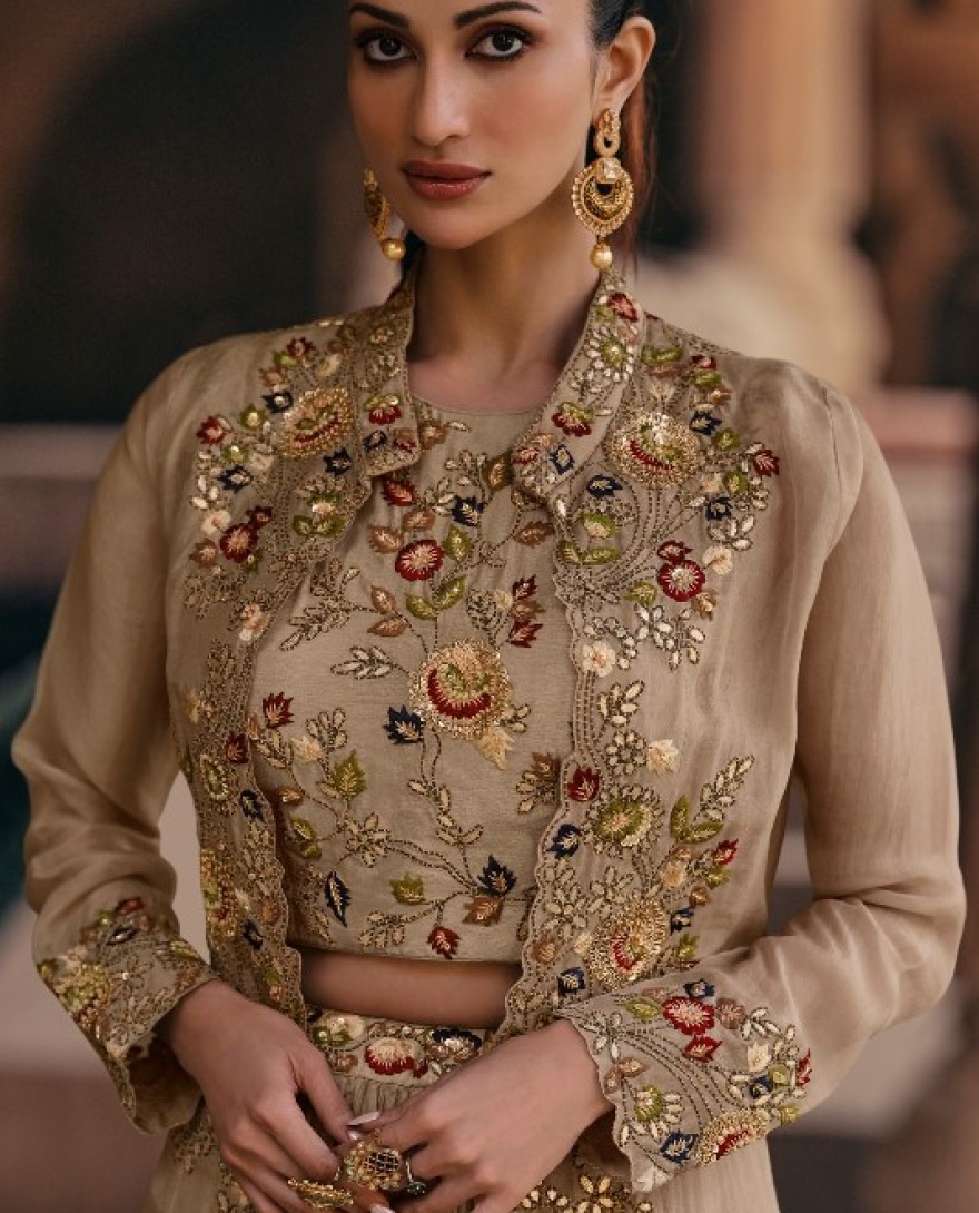 5532 - CHIKU COLOUR LEHENGA WITH FANCY KOTI FRONT AND BACK EMBROIDERED